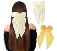 NiceYnn 2pcs Hair Bows Clips for Women, French Big Bowknot with Long Satin Ribbon Hair Barrette Clips Silky Spring Clip Hair Bows Oversized Long Tail Ponytail Holder French Hair Styling Beige+Yellow