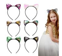 NiceYnn 6pcs Reversible Sequin Cat Ears Headband Sparkly Glitter Hairbands Cute Bling Shiny Headband Hair Metal Hoop Cosplay Props for Women Girls Birthday Wedding Party Favor #A