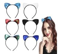 NiceYnn 6pcs Reversible Sequin Cat Ears Headband Sparkly Glitter Hairbands Cute Bling Shiny Headband Hair Metal Hoop Cosplay Props for Women Girls Birthday Wedding Party Favor #B