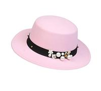 NiceYnn Classic Vintage Wool Wide Brim Flat Top Pork Pie Boater Hat, Adjustable Pearl Band Fedora Church Derby Felt Cap for Wedding Party Talent Show Pink