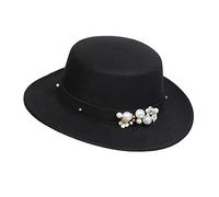 NiceYnn Classic Vintage Wool Wide Brim Flat Top Pork Pie Boater Hat, Adjustable Pearl Band Fedora Church Derby Felt Cap for Wedding Party Talent Show Black