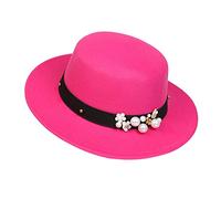 NiceYnn Classic Vintage Wool Wide Brim Flat Top Pork Pie Boater Hat, Adjustable Pearl Band Fedora Church Derby Felt Cap for Wedding Party Talent Show Rose Red