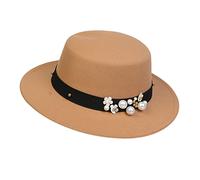 NiceYnn Classic Vintage Wool Wide Brim Flat Top Pork Pie Boater Hat, Adjustable Pearl Band Fedora Church Derby Felt Cap for Wedding Party Talent Show Khaki