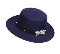 NiceYnn Classic Vintage Wool Wide Brim Flat Top Pork Pie Boater Hat, Adjustable Pearl Band Fedora Church Derby Felt Cap for Wedding Party Talent Show Navy Blue