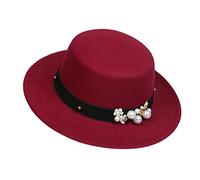 NiceYnn Classic Vintage Wool Wide Brim Flat Top Pork Pie Boater Hat, Adjustable Pearl Band Fedora Church Derby Felt Cap for Wedding Party Talent Show Burgundy