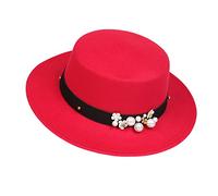 NiceYnn Classic Vintage Wool Wide Brim Flat Top Pork Pie Boater Hat, Adjustable Pearl Band Fedora Church Derby Felt Cap for Wedding Party Talent Show Red