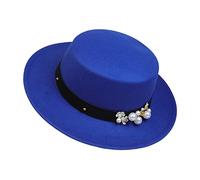 NiceYnn Classic Vintage Wool Wide Brim Flat Top Pork Pie Boater Hat, Adjustable Pearl Band Fedora Church Derby Felt Cap for Wedding Party Talent Show Blue