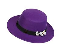 NiceYnn Classic Vintage Wool Wide Brim Flat Top Pork Pie Boater Hat, Adjustable Pearl Band Fedora Church Derby Felt Cap for Wedding Party Talent Show Purple