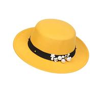 NiceYnn Classic Vintage Wool Wide Brim Flat Top Pork Pie Boater Hat, Adjustable Pearl Band Fedora Church Derby Felt Cap for Wedding Party Talent Show Yellow
