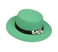 NiceYnn Classic Vintage Wool Wide Brim Flat Top Pork Pie Boater Hat, Adjustable Pearl Band Fedora Church Derby Felt Cap for Wedding Party Talent Show Grass Green