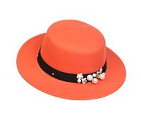 NiceYnn Classic Vintage Wool Wide Brim Flat Top Pork Pie Boater Hat, Adjustable Pearl Band Fedora Church Derby Felt Cap for Wedding Party Talent Show Orange