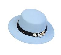 NiceYnn Classic Vintage Wool Wide Brim Flat Top Pork Pie Boater Hat, Adjustable Pearl Band Fedora Church Derby Felt Cap for Wedding Party Talent Show Light Blue