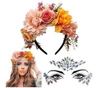 NiceYnn Floral Crown Headband, Face Gems Tattoo Stickers, Self Adhesive | Rhinestones Face Jewels, Rose Flower Tiara Hairband, Halloween Cosplay Party Floral Headpiece for Women Girls