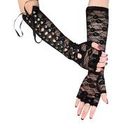 NiceYnn Lace Up Fingerless Long Gloves, 1920s Elbow Gloves Arm Warmer Lace Satin Ribbons Gothic Rock Punk Mittens Gloves for Steampunk Costume Tea Party Wedding Engageme Lace Floral Black