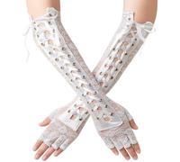 NiceYnn Lace Up Fingerless Long Gloves, 1920s Elbow Gloves Arm Warmer Lace Satin Ribbons Gothic Rock Punk Mittens Gloves for Steampunk Costume Tea Party Wedding Engageme Lace Floral White