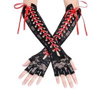 NiceYnn Lace Up Fingerless Long Gloves, 1920s Elbow Gloves Arm Warmer Lace Satin Ribbons Gothic Rock Punk Mittens Gloves for Steampunk Costume Tea Party Wedding Engageme Lace Floral Red