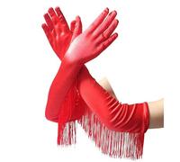 NiceYnn Long Satin Tassel Gloves for Women, Red, One Size, Vintage 1920s Stretchy Opera Elbow Gloves for Bridal Wedding Prom Evening Party Halloween Cosplay