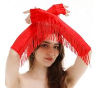 NiceYnn Long Satin Tassel Mittens Gloves for Women Girls, Bridal Wedding Prom Fingerless Gloves 1920s Opera Fringe Elbow Gloves for Fancy Dress Costume Rave Evening Party Halloween Cosplay Red