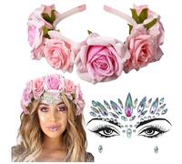 NiceYnn Pink Rose Flower Crown with Mermaid Face Gems Tattoo Crystal Stickers, Mexican Flower Crown Headband Bride Bridesmaid Headpiece for Cosplay Carnival Party Beach Vacation Christmas Headgear