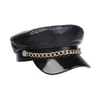 NiceYnn PU Captain Sailor Hat Newsboy Cabbie Baker Boy Peaked Beret Cap, PU Leather Flat Cap Peaker Winter Hats Black PU & Chain