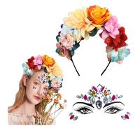 NiceYnn Rose Flower Crown Headband, Face Crystal Sticker Gems Jewels, Bride Rose Flower Tiara, Easter Mardi Gras Headpiece Cosplay Headgear, Day of The Dead Floral Crown Hairbands