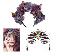 NiceYnn Simulated Flower Headband, Mermaid Face Gems Glitter, Mexican Rose Flower Crown Headwear, Boho Butterfly Headpiece Hairband for Halloween Costume Party Vacation Photo Dress Up Hair Wreath