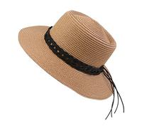 NiceYnn Sun Hat Summer Straw Hat Elegant Concave Crown Top Church Wedding Boater Sunhat Beach Braid UPF50+ 20s Foldable Cap for Women Men F Black Band & Khaki