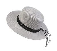 NiceYnn Sun Hat Summer Straw Hat Elegant Concave Crown Top Church Wedding Boater Sunhat Beach Braid UPF50+ 20s Foldable Cap for Women Men F Black Band & Grey