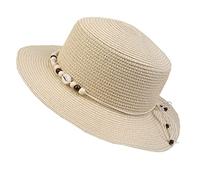 NiceYnn Sunhat Boater Bucket Hat Solid Color Flat Top Straw Packable Panama Fedora Hat Men Ladies Formal Church Summer Beach Travel Holiday Cap D Bead Shell & Beige