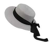 NiceYnn Sunhat Boater Bucket Hat Solid Color Flat Top Straw Packable Panama Fedora Hat Men Ladies Formal Church Summer Beach Travel Holiday Cap C Black Bow & Grey
