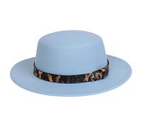 NiceYnn Unisex Trendy Felt Wide Brim Flat Church Derby Cap Headwear Top Hat with Leopard Band, Wool Fedora Panama Bowler Boater Jazz Cap Light Blue & Belt