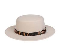 NiceYnn Unisex Trendy Felt Wide Brim Flat Church Derby Cap Headwear Top Hat with Leopard Band, Wool Fedora Panama Bowler Boater Jazz Cap Beige & Belt