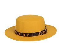 NiceYnn Unisex Trendy Felt Wide Brim Flat Church Derby Cap Headwear Top Hat with Leopard Band, Wool Fedora Panama Bowler Boater Jazz Cap Yellow & Belt