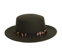 NiceYnn Unisex Trendy Felt Wide Brim Flat Church Derby Cap Headwear Top Hat with Leopard Band, Wool Fedora Panama Bowler Boater Jazz Cap Army Green & Belt