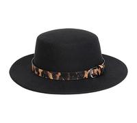 NiceYnn Unisex Trendy Felt Wide Brim Flat Church Derby Cap Headwear Top Hat with Leopard Band, Wool Fedora Panama Bowler Boater Jazz Cap Black & Belt