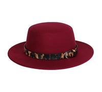 NiceYnn Unisex Trendy Felt Wide Brim Flat Church Derby Cap Headwear Top Hat with Leopard Band, Wool Fedora Panama Bowler Boater Jazz Cap Burgundy & Belt