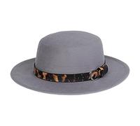 NiceYnn Unisex Trendy Felt Wide Brim Flat Church Derby Cap Headwear Top Hat with Leopard Band, Wool Fedora Panama Bowler Boater Jazz Cap Grey & Belt