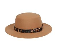 NiceYnn Unisex Trendy Felt Wide Brim Flat Church Derby Cap Headwear Top Hat with Leopard Band, Wool Fedora Panama Bowler Boater Jazz Cap Khaki & Belt