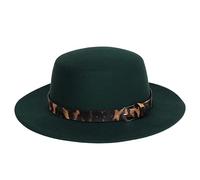 NiceYnn Unisex Trendy Felt Wide Brim Flat Church Derby Cap Headwear Top Hat with Leopard Band, Wool Fedora Panama Bowler Boater Jazz Cap Blackish Green & Belt