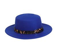 NiceYnn Unisex Trendy Felt Wide Brim Flat Church Derby Cap Headwear Top Hat with Leopard Band, Wool Fedora Panama Bowler Boater Jazz Cap Blue & Belt