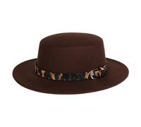 NiceYnn Unisex Trendy Felt Wide Brim Flat Church Derby Cap Headwear Top Hat with Leopard Band, Wool Fedora Panama Bowler Boater Jazz Cap Coffee & Belt