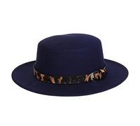 NiceYnn Unisex Trendy Felt Wide Brim Flat Church Derby Cap Headwear Top Hat with Leopard Band, Wool Fedora Panama Bowler Boater Jazz Cap Navy Blue & Belt