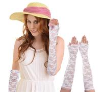 NiceYnn Women Long Lace Fingerless Gloves, Elbow Length Opera Gloves, UV Protection Arm Sleeves, Punk Rock Arm Warmer Mittens, 80s 90s Party Cosplay Costume Sheer Mesh Lace Floral White