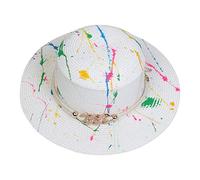 NiceYnn Women Men Wide Brim Boater Hat Handmade Graffiti 1920s Gatsby Straw Hats Adjustable 20s Costume Casual Outdoor UPF50+ Beach Sun Flat Top Cap White Chain & White