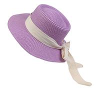 NiceYnn Women Wide Brim Sun Protection Beach Hat White Ribbon Bowknot Straw Cap Casual Ladies Flat Top Hat Boater Church Outdoor Cap E White Bow & Purple
