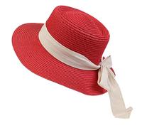 NiceYnn Women Wide Brim Sun Protection Beach Hat White Ribbon Bowknot Straw Cap Casual Ladies Flat Top Hat Boater Church Outdoor Cap E White Bow & Red