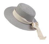 NiceYnn Women Wide Brim Sun Protection Beach Hat White Ribbon Bowknot Straw Cap Casual Ladies Flat Top Hat Boater Church Outdoor Cap E White Bow & Grey