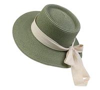 NiceYnn Women Wide Brim Sun Protection Beach Hat White Ribbon Bowknot Straw Cap Casual Ladies Flat Top Hat Boater Church Outdoor Cap E White Bow & Green