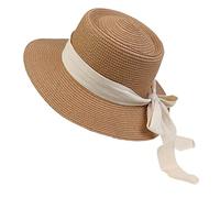 NiceYnn Women Wide Brim Sun Protection Beach Hat White Ribbon Bowknot Straw Cap Casual Ladies Flat Top Hat Boater Church Outdoor Cap E White Bow & Khaki