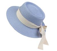 NiceYnn Women Wide Brim Sun Protection Beach Hat White Ribbon Bowknot Straw Cap Casual Ladies Flat Top Hat Boater Church Outdoor Cap E White Bow & SkyBlue